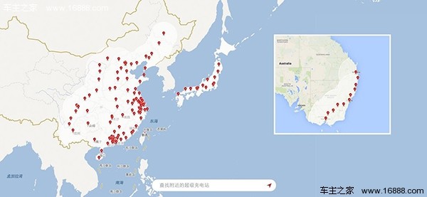 【特斯拉现役充电桩东亚分布图】